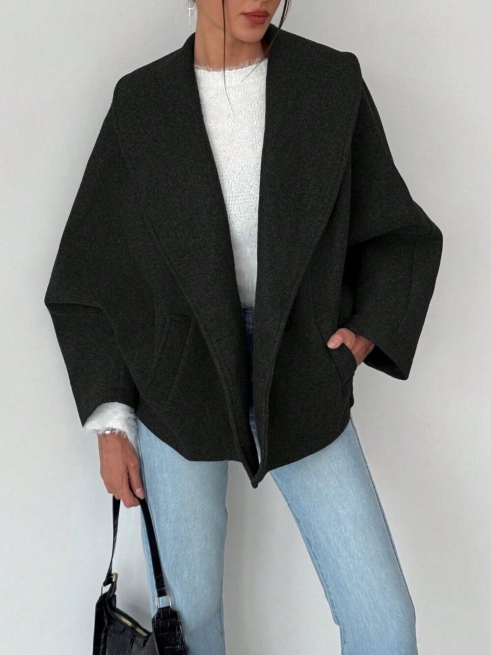 Black Oversized Shawl Collar Batwing Sleeve Cropped Coat